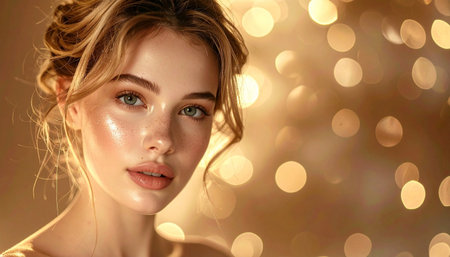Portrait of a beautiful girl with blonde hair and makeup on a bokeh background.の素材