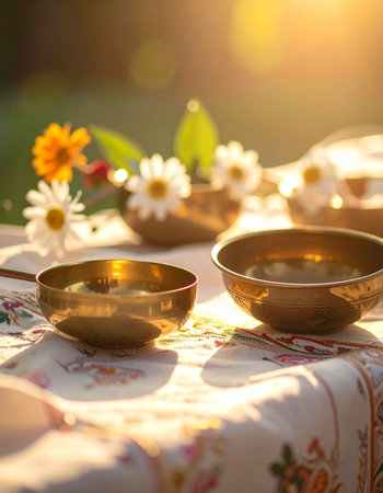 Tibetan singing bowls with chamomile flowers on the tableの素材