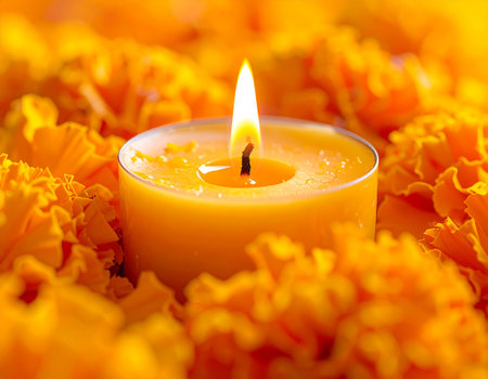 Burning candle in orange marigold flower petals closeupの素材