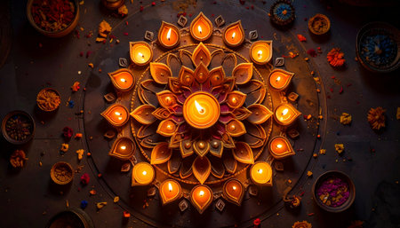 Beautiful Diwali diya lamps lit during Diwali celebrationの素材