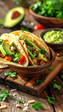 Mexican tacos with avocado, cheese and guacamole.の素材
