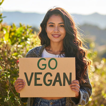 Young latin woman holding a Go Vegan sign in the countryside.の素材