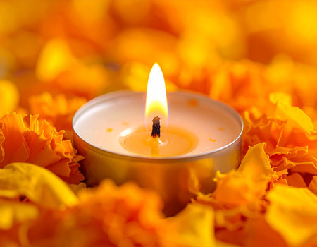 Burning candle with orange flower petals on yellow background, closeupの素材