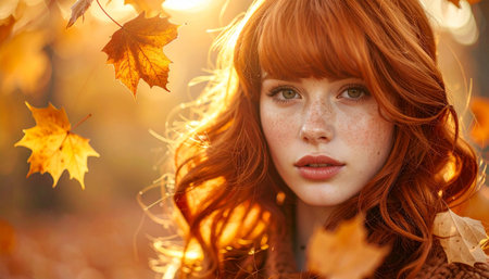 Beautiful redhead girl in the autumn park. Close up.の素材