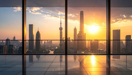 Shanghai skyline and skyscrapers seen through a glass windowの素材