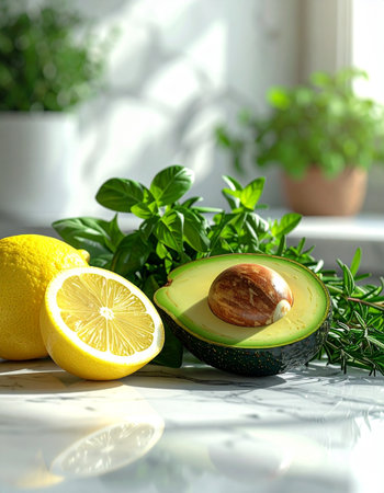 Avocado, lemon and basil on a white table in the kitchenの素材
