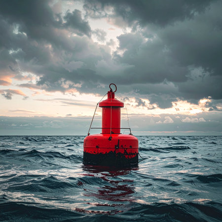 Red buoy floating in the ocean at sunset. 3d render illustrationの素材