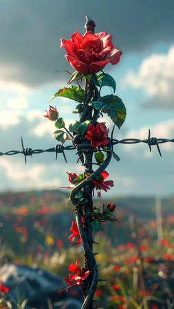 Red roses on a fence with barbed wire in the background.の素材