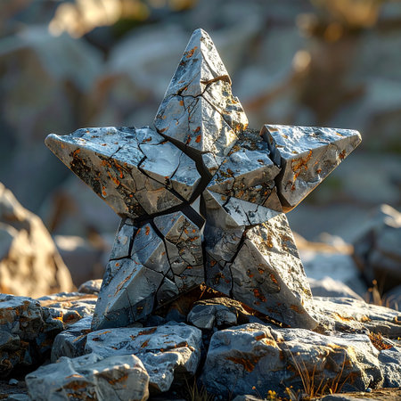 Stone star on a rock in the rays of the setting sun.の素材