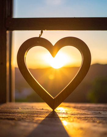 Wooden heart shape on the window at sunset background. Love concept.の素材