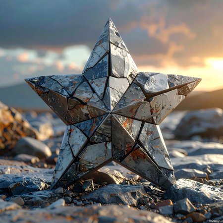 Stone star on the beach against the background of the sunset. 3d renderingの素材