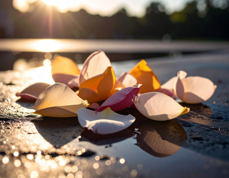 Lotus petals on the wet asphalt at sunset. Selective focus.の素材