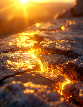 Sunset over a crack in the ground, close-up.の素材