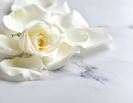 White rose on white marble background with copy space for your text.の素材