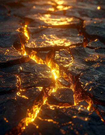 Cracks in the ground at sunset. Shallow depth of field.の素材