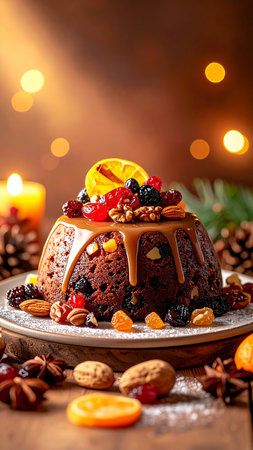 Christmas bundt cake with chocolate glaze decorated with dried fruits and nutsの素材