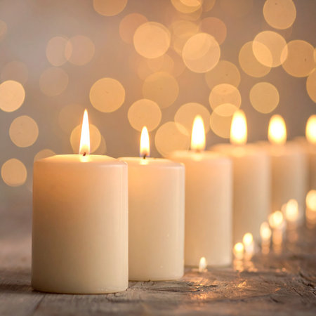 Burning candles on wooden table with bokeh background, closeupの素材