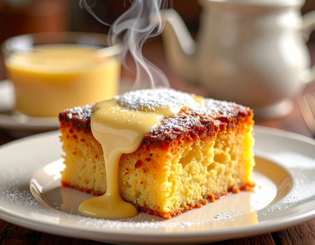 Cottage cheese casserole with honey and cup of coffee on wooden tableの素材