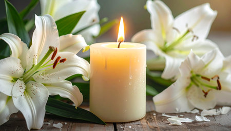 Burning candle with lily flowers on wooden table, closeupの素材