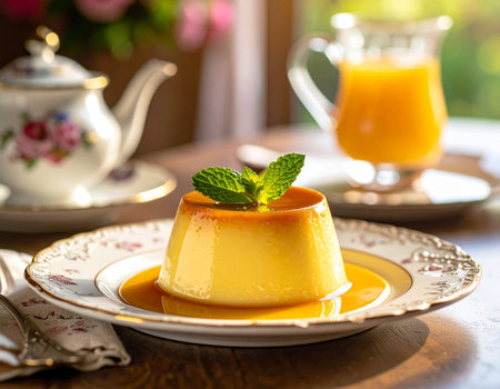 Creme caramel custard with fresh orange juice, selective focus.の素材