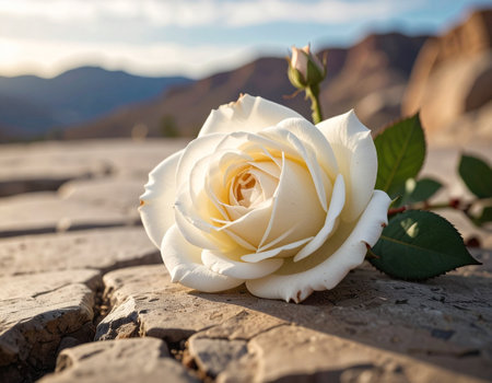 White rose on the ground in the desert with mountains in the backgroundの素材