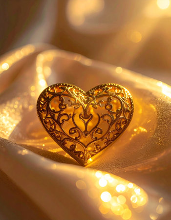Heart-shaped object on a golden silk background. Valentine's Dayの素材