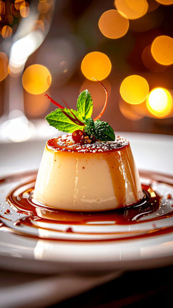 tasty caramel pudding with mint on a white plate with bokeh backgroundの素材