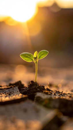 Green sprout growing from seed in morning light, new life conceptの素材