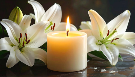 Beautiful lily flowers and burning candle on dark background, closeupの素材