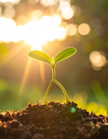 Green seedling illustrating concept of new life and growing up from seedの素材