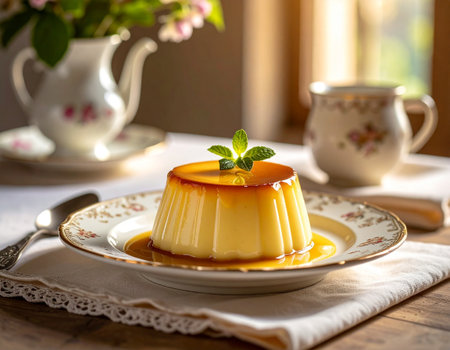 Creme caramel pudding with mint on a wooden table, selective focusの素材