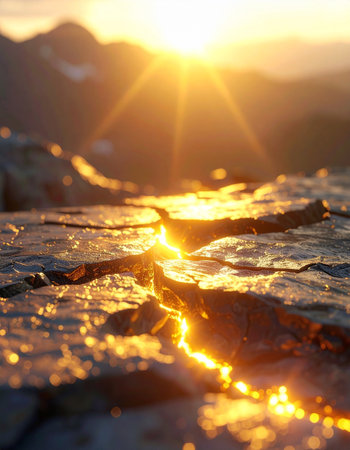 Sunset in the mountains. The rays of the sun through the cracks in the ground.の素材