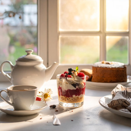 Tiramisu in a glass with fresh berries and a cup of coffeeの素材