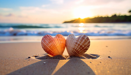Two seashells on the beach at sunset. Summer vacation conceptの素材