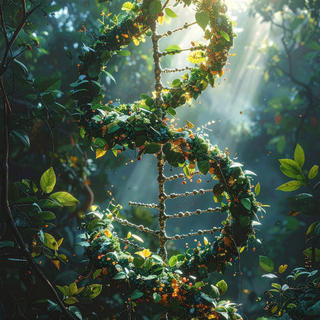 DNA helix structure in the forest, science and biotechnology conceptの素材