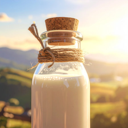 Bottle of milk on the background of a mountain landscape at sunsetの素材