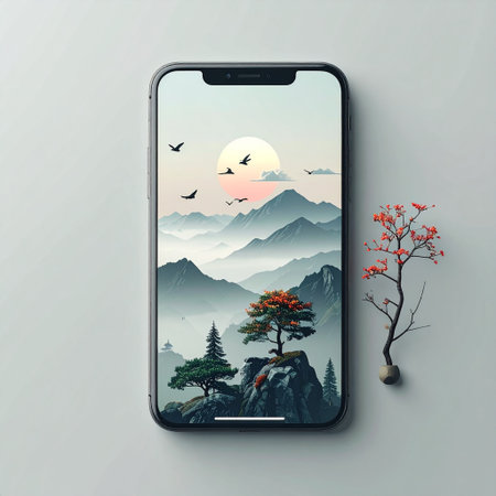 Mobile phone with nature landscape and mountains on the screen. Vector illustration.の素材