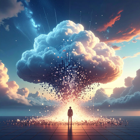 Conceptual image of digital cloud with man standing on the floorの素材