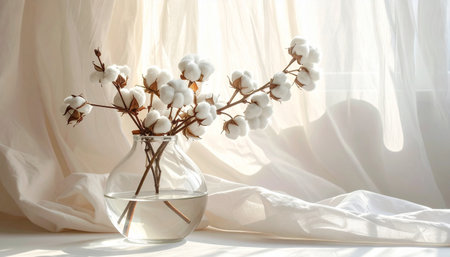 Cotton flowers in glass vase on window sill with curtain backgroundの素材