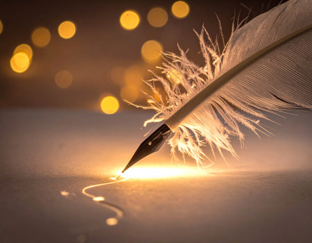 Feather pen and inkwell on a background of golden bokehの素材
