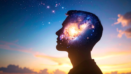 Silhouette of a man's head against the background of the starry skyの素材