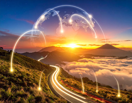Glowing world map with car light trail on the mountain and cloud backgroundの素材
