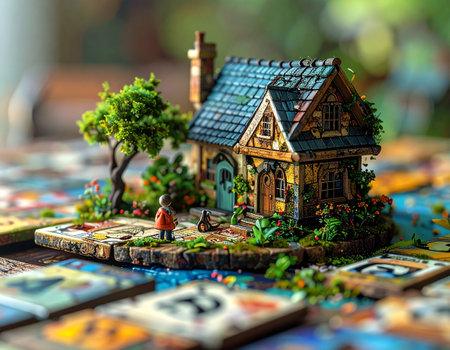 Miniature model of a house on a wooden table. Selective focus.の素材