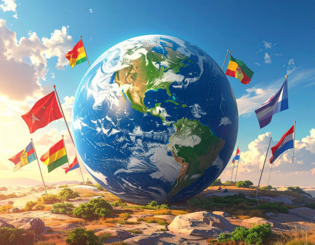 3D Earth globe on the background of the flags of the worldの素材