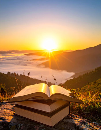 Open book on the top of the mountain at sunrise. Beautiful summer landscape.の素材