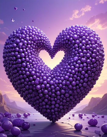 Heart made of purple spheres on sunset background. 3D illustration.の素材