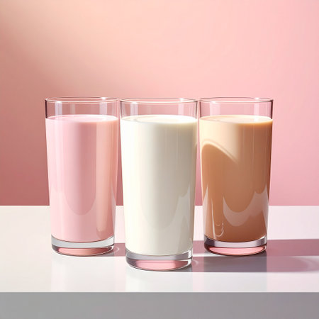 Three glasses with different types of milk on white table and pink backgroundの素材