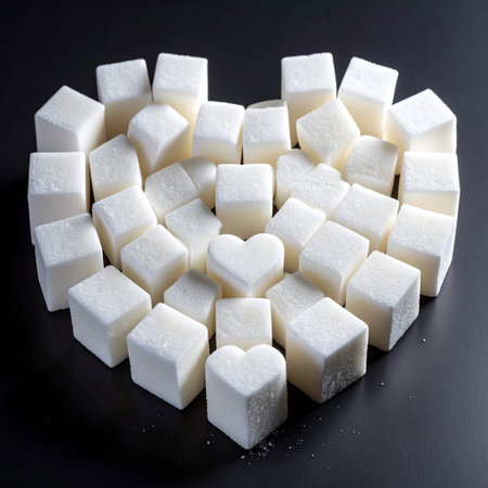 White sugar cubes in the shape of a heart on a black backgroundの素材