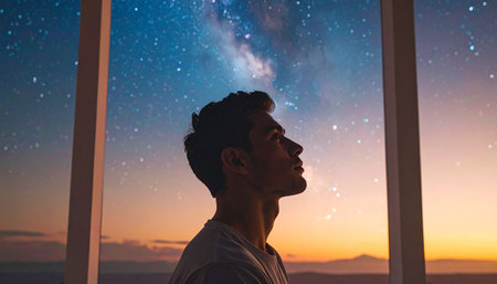 Young man looking at the milky way through the window at nightの素材