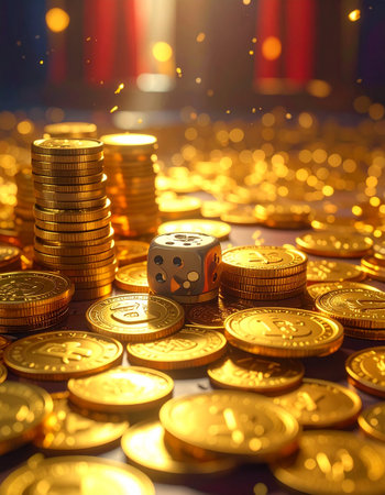 Golden casino chips and dice on the table with bokeh backgroundの素材